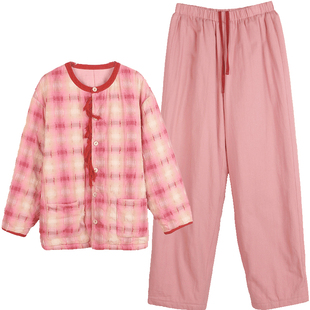 朵朵可可睡衣女士秋冬新款两面可穿格子全棉加厚夹棉家居服套装