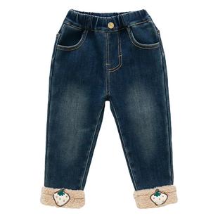 女童加绒草莓牛仔裤洋气秋冬款宝宝一体绒直筒裤儿童冬季薄绒裤子