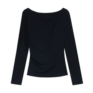 pusumede 线条美感 斜肩气质长袖上衣女漏锁骨打底衫修身针织t恤
