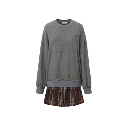 oversize卫衣拼接格纹长袖连衣裙