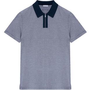 ERDOS 男装丝棉混纺POLO衫夏小翻领蓝白竖条拉链领商务短袖