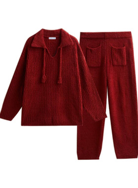 针织半边绒睡衣女士保暖家居服冬