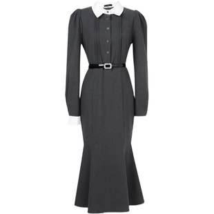 2025秋冬季新款气质衬衣长裙法式撞色拼接修身鱼尾摆加厚连衣裙