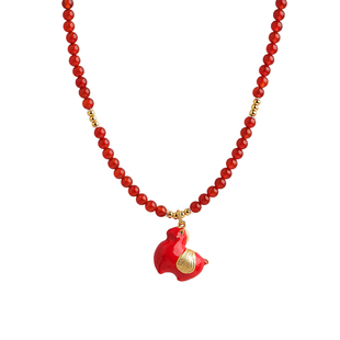 生肖马吊坠天然原石老玛瑙串珠子项链红色本命年银饰新中式送礼物