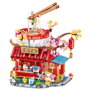 中国美食小吃街街景积木烤鸭店迷你贩卖面馆商店女孩拼装玩具礼物