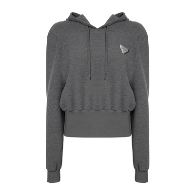 DPLAY2025年秋季新款灰色卫衣女慵懒流行连帽长袖上衣半裙套装