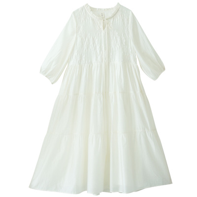 夏季木耳边圆领连衣裙宽松长裙女