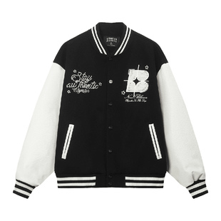 BIPOLAR夹心锁链绣花灰棒球服外套美式学院风上衣外套情侣款男冬