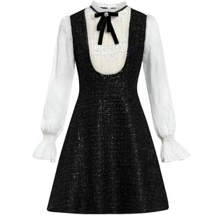 DONEED春款轻奢甜美气质小香风可拆卸蝴蝶结撞色拼接连衣裙女