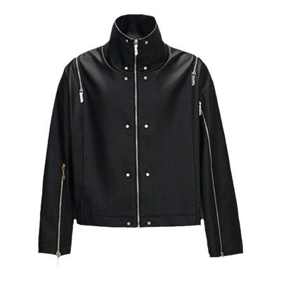 455EMBLE 拉链装饰高领痞帅立领皮革中性男女同款春秋短款夹克