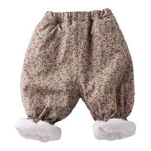 女宝宝红色碎花灯笼裤纯棉布女童加厚保暖棉裤秋冬新款儿童加绒裤