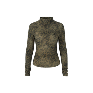 IMXS豹纹打底衫印花长袖半高领美式辣妹透视上衣修身显瘦t