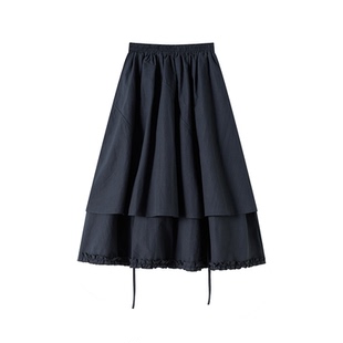 黑色木耳花边半身裙女春秋冬季设计感A字中长裙不规则双层大摆裙
