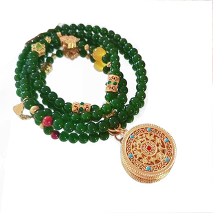 新中式祖母绿绿玉髓八宝罗盘吊坠毛衣链女新款玛瑙玉石翡翠色项链