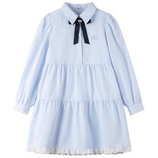 【海盐甜语】蝴蝶领结学院风衬衫裙色织条纹棉女童花边蓝色连衣裙