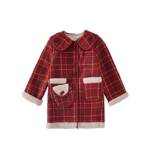 皇室童缘女童撞色格纹呢大衣2025冬季新款儿童中长款加绒外套洋气