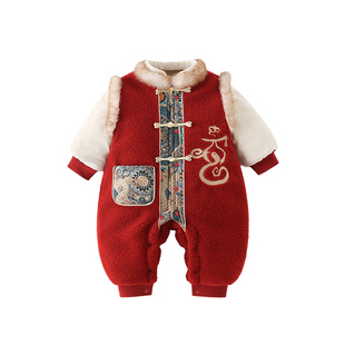 婴儿过年衣服喜庆冬装新生宝宝拜年服连体衣冬季加厚外出新年哈衣