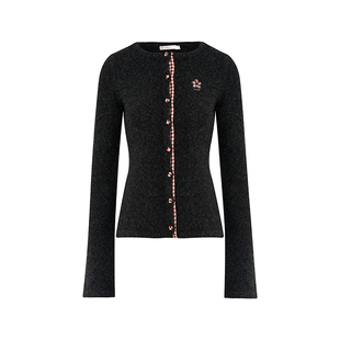 张小婉同款 Kroche 羊毛混纺 拼接格纹修身圆领针织开衫上衣