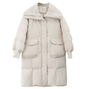 绿素棉 针织大翻领羽绒服女中长款~保暖宽松过膝90白鸭绒外套 潮