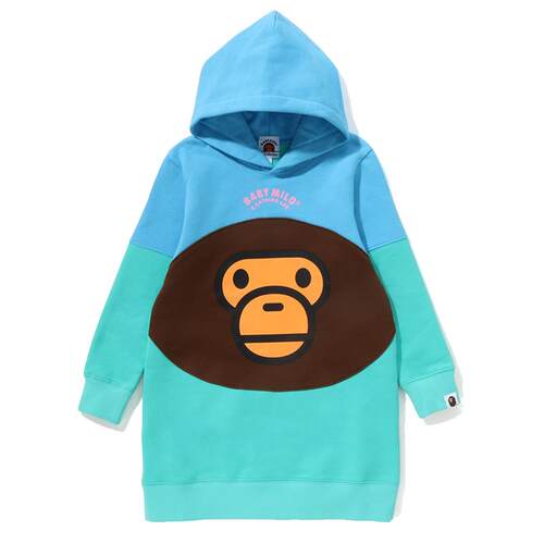BAPE童装秋冬卡通BABY MILO拼色长款连帽卫衣裙335002J