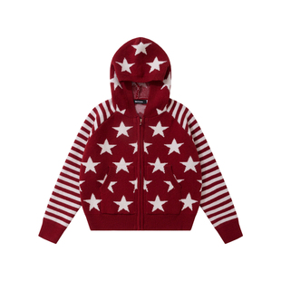 BNMGIN圣诞红色毛衣女复古条纹五角星提花拉链连帽针织衫开衫外套