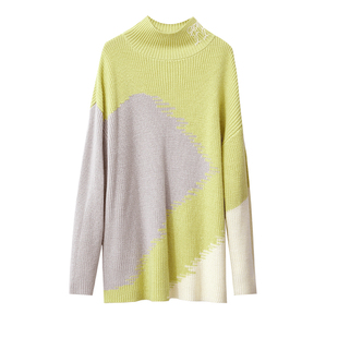 Amii2025冬新款高领艺术感撞色刺绣珠地织法毛衣女落肩袖宽松上衣