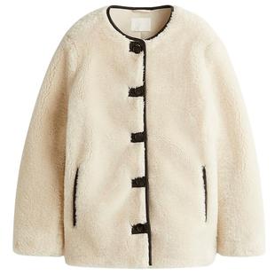 HM女装皮草冬季圆领气质时尚保暖毛茸面料外套1283071