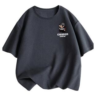 华夫格短袖男款夏季2026新款青少年初中生高中学生潮牌重磅t恤男