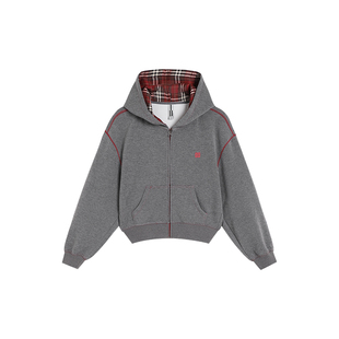 ATRY短款卫衣外套女连帽秋冬美式复古重磅撞色格子空气层拉链帽衫