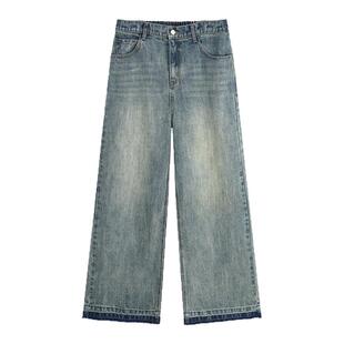 YUZI鱼子大码牛仔裤女复古美式微胖mm显瘦遮肉200斤毛边宽松直筒