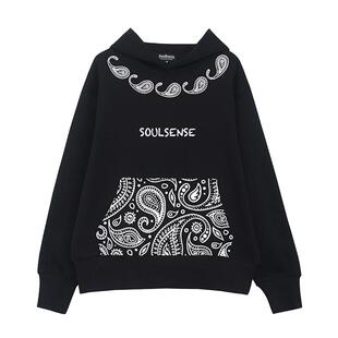SoulSense潮牌腰果花嘻哈ins风宽松加绒连帽卫衣黑白色男女同款