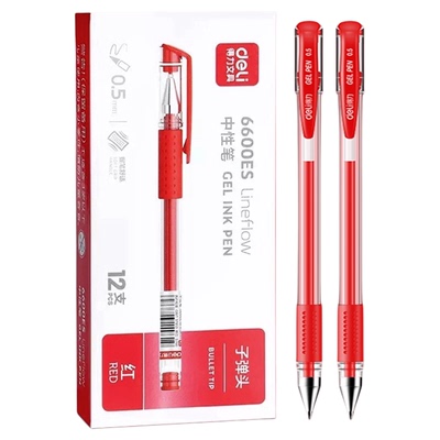 得力红色中性笔学生用0.5mm黑色蓝色套装替芯笔芯办公文具经典6600ES子弹头顺滑办公考试刷题拔帽签字笔写字