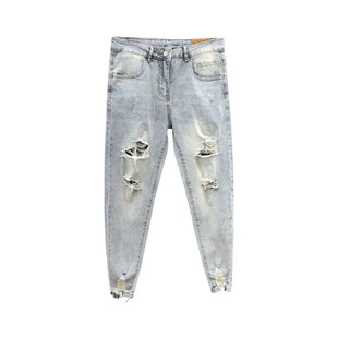 欧洲站男士牛仔裤破洞小脚修身潮牌韩版夏季休闲长裤子弹力乞丐裤