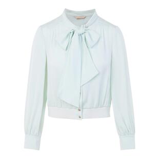 LIME莱茵年早春新款梭织衬衫水绿色飘带领收腰下摆简约通勤上衣