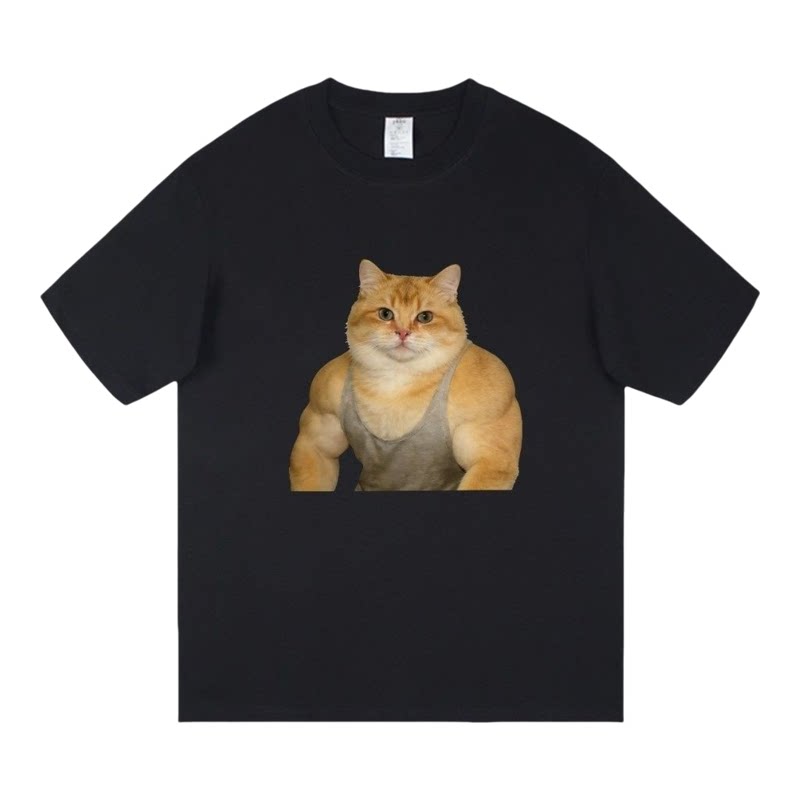 美式潮牌趣味猫咪健身印花短袖T恤男女肌肉猫t恤宽松圆领定制上衣