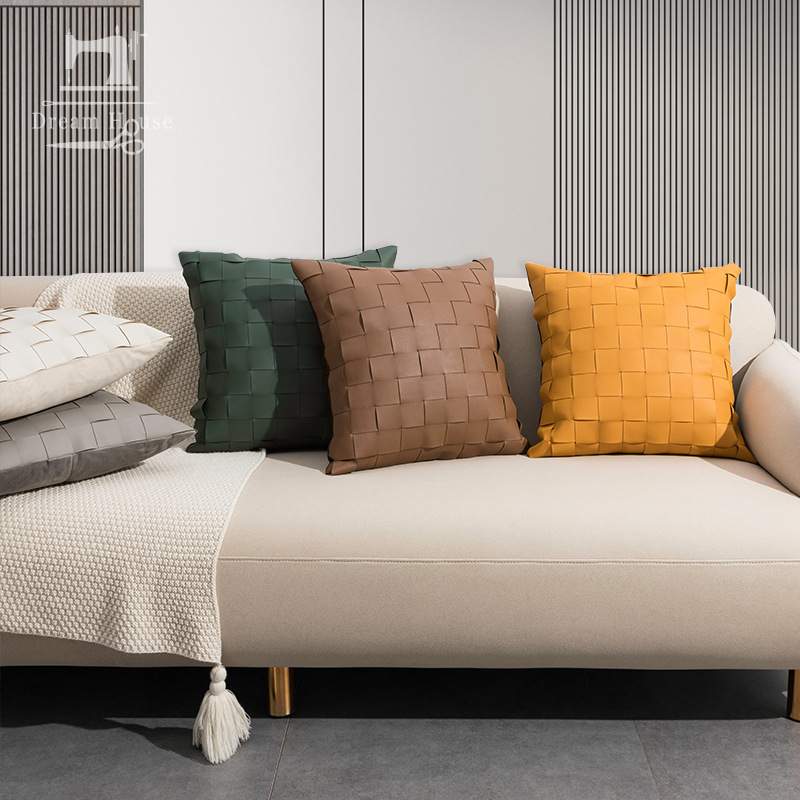 现代简约美式纯色PU编织抱枕靠垫客厅沙发卧室床头靠枕轻奢抱枕套