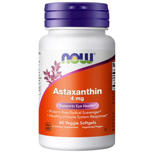 香港直邮】NOW虾青素胶囊4mg口服astaxanthin雨生红藻球提取精华