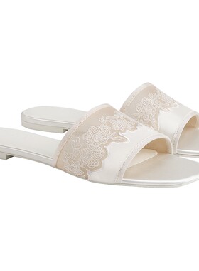 CHARLES&KEITH26夏季新款CK1-70920241蕾丝缎面刺绣平底拖鞋凉鞋