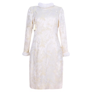 轻奢冬季大码女装复古国风胖MM温柔毛领提花改良日常款旗袍连衣裙