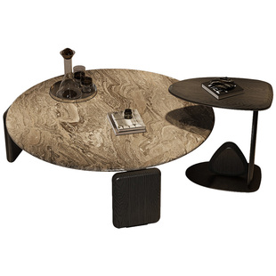 法式中古风威尼斯棕人造大理石岩板茶几边几组合poliform高级客厅