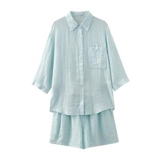 水云间女装 翻领亚麻宽松衬衫休闲短裤小清新套装夏季新款