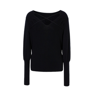 艾诺丝雅诗 100%绵羊毛交叉织带收腰显瘦气质V领针织衫女31028019