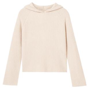 布景羊毛衫女秋冬简约条纹织花连帽卫衣式毛衣全羊毛针织衫3840