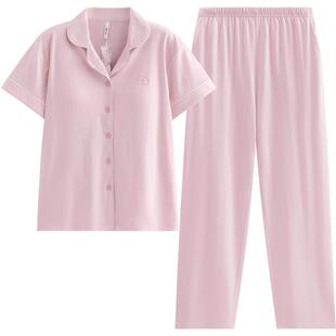 芬腾情侣短袖纯棉睡衣夏季薄款女士带胸垫休闲宽松男士家居服套装
