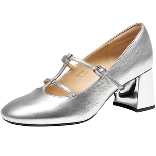 蹀愫法式粗跟银色T带玛丽珍鞋格雷系女单鞋TA54119-11