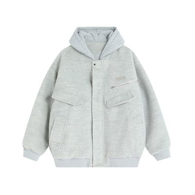 INSstudios灰色毛呢假两件棒球服