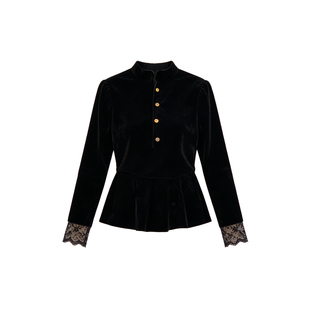 蕾丝花花~黑色立领丝绒上衣女2026新款洋气减龄衬衫修身收腰小衫