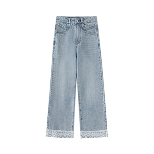 蓝色蕾丝花边牛仔裤女高腰春季新款胖mm大码宽松显瘦九分阔腿裤子