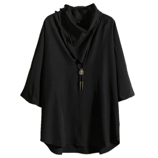 夏季暗黑山本耀风个性宽松潮牌高堆领短袖打底衫 黑白色薄款t恤男