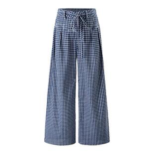 JAMUUS夏日限定复古薄款蓝色格子休闲裤女高腰透气宽松阔腿裤子